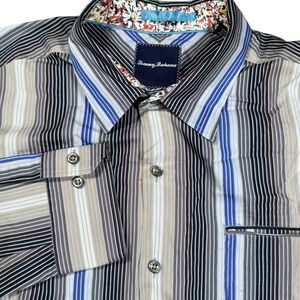 Tommy Bahama Mens XL Blue Black Striped Long Sleeve Button Down Shirt Silk Blend